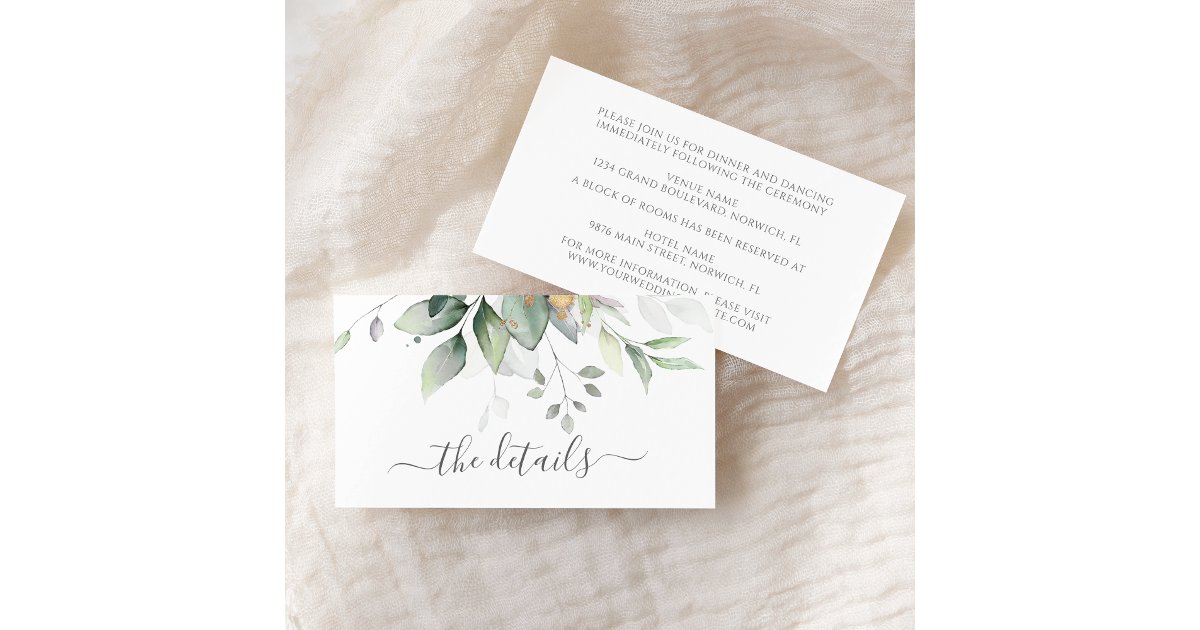 Elegant Eucalyptus Leaves Greenery Gold Wedding Enclosure Card | Zazzle