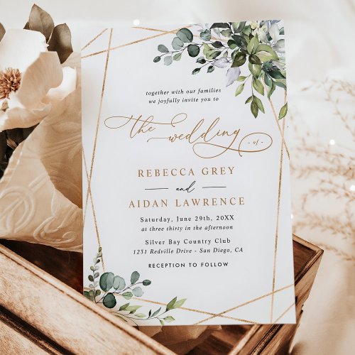 Elegant Eucalyptus Leaves Greenery Gold Wedding Invitation