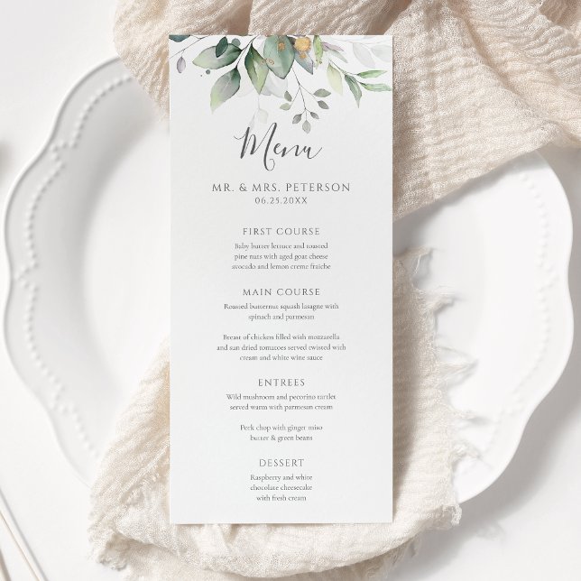 Elegant Eucalyptus Leaves Greenery Gold Wedding Menu (Creator Uploaded)