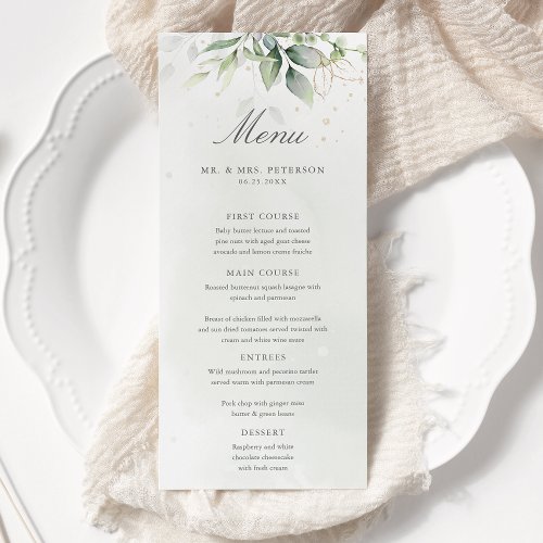 Elegant Eucalyptus Leaves Greenery Gold Wedding Menu