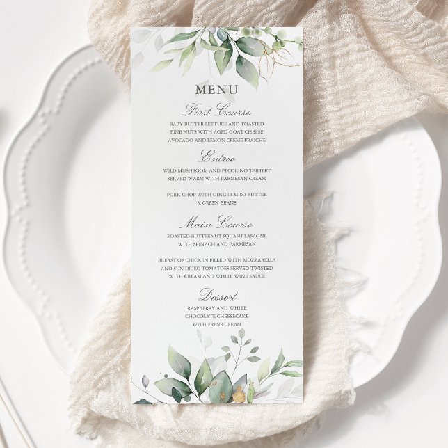 Elegant Eucalyptus Leaves Greenery Gold Wedding Menu (Creator Uploaded)