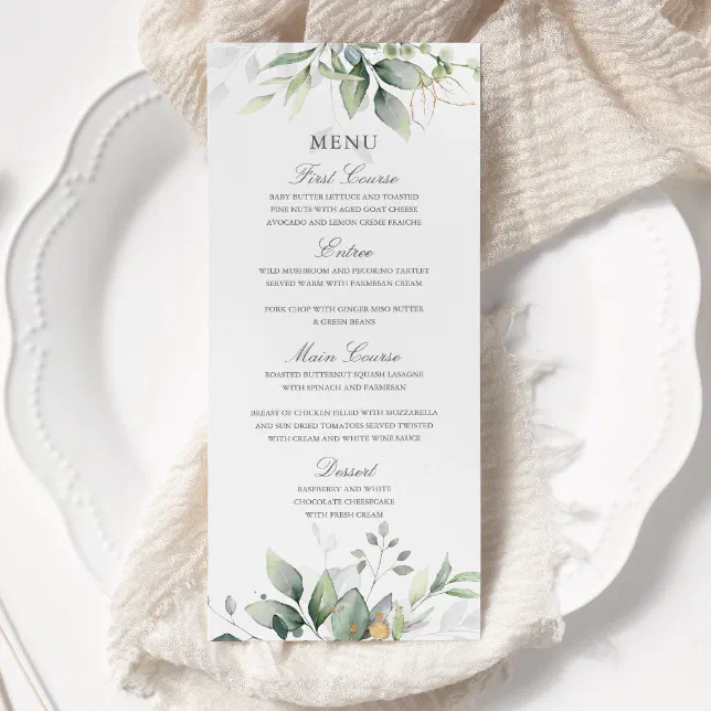 Elegant Eucalyptus Leaves Greenery Gold Wedding Menu | Zazzle