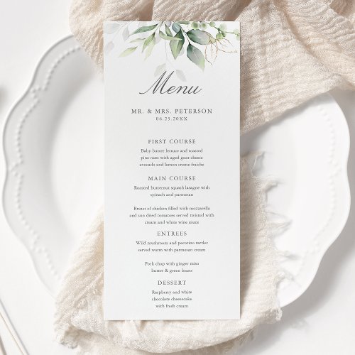 Elegant Eucalyptus Leaves Greenery Gold Wedding  Menu