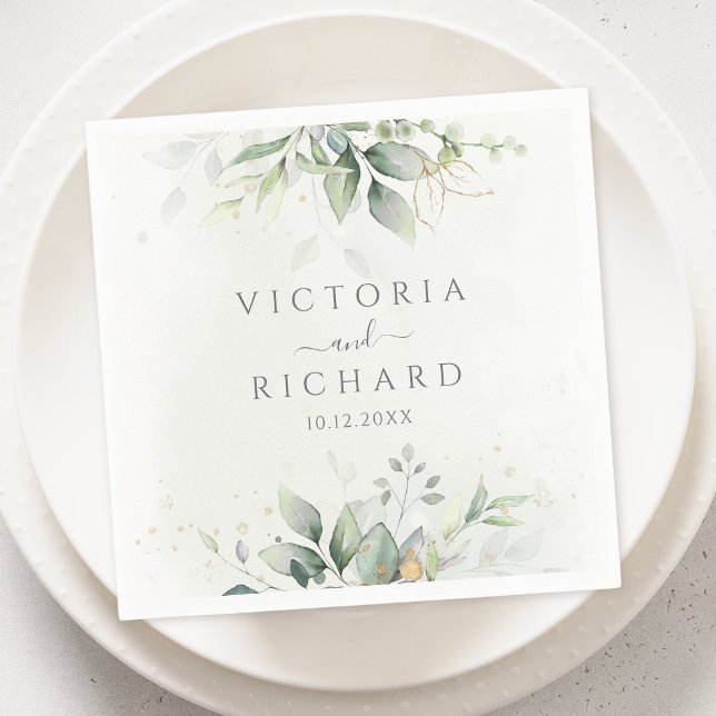 Elegant Eucalyptus Leaves Greenery Gold Wedding Napkins (Creator Uploaded)