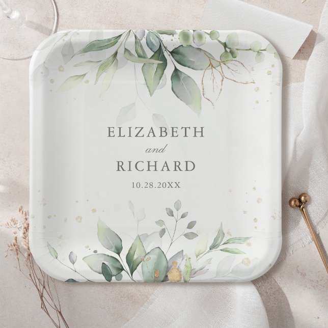 Elegant Eucalyptus Leaves Greenery Gold Wedding Paper Plates (Creator Uploaded)