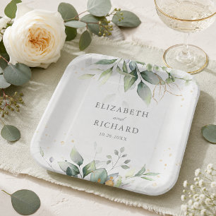 Elegant Eucalyptus Leaves Greenery Gold Wedding Paper Plates