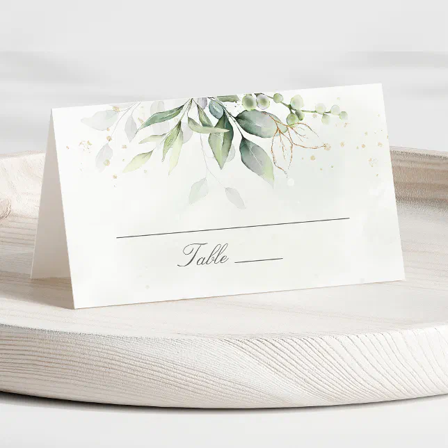 Elegant Eucalyptus Leaves Greenery Gold Wedding Place Card | Zazzle