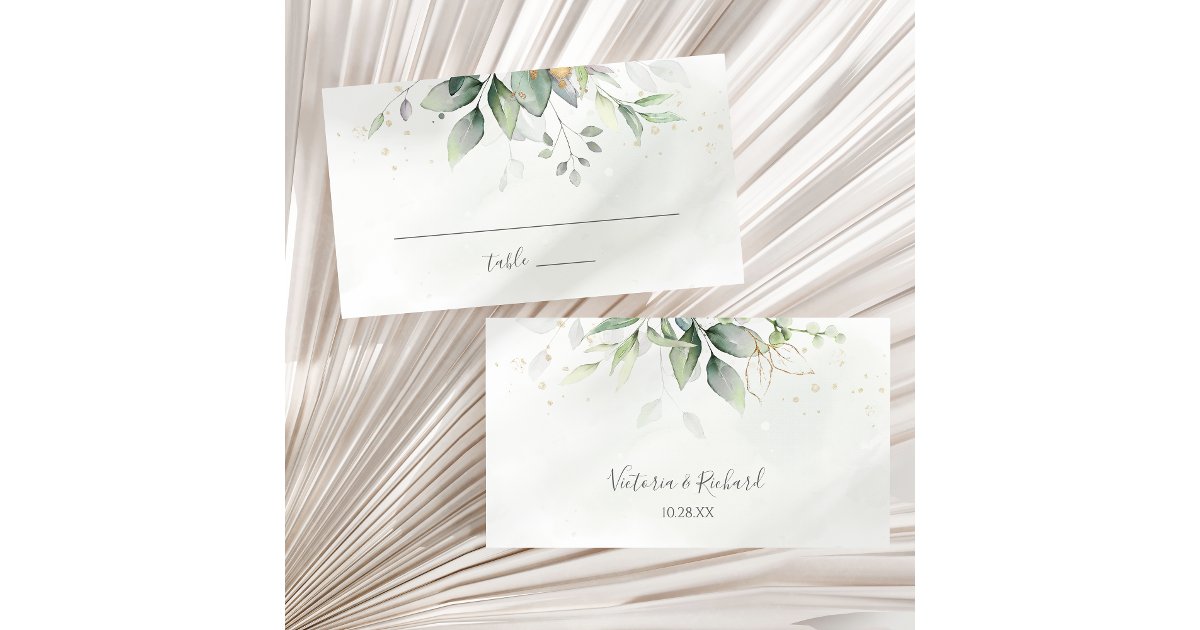 Elegant Eucalyptus Leaves Greenery Gold Wedding Place Card | Zazzle
