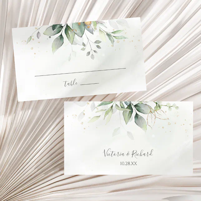 Elegant Eucalyptus Leaves Greenery Gold Wedding Place Card | Zazzle