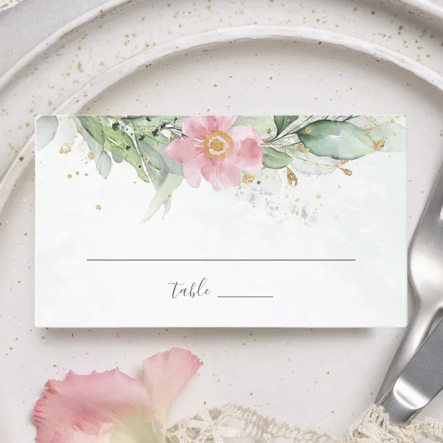 Elegant Eucalyptus Leaves Greenery Gold Wedding Place Card | Zazzle