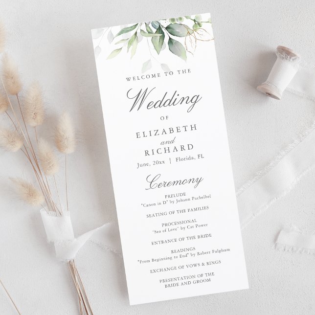 Elegant Eucalyptus Leaves Greenery Gold Wedding Program (Creator Uploaded)