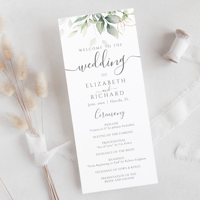 Elegant Eucalyptus Leaves Greenery Gold Wedding Program (Creator Uploaded)