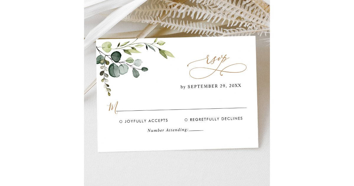 Elegant Eucalyptus Leaves Greenery Gold Wedding RSVP Card | Zazzle
