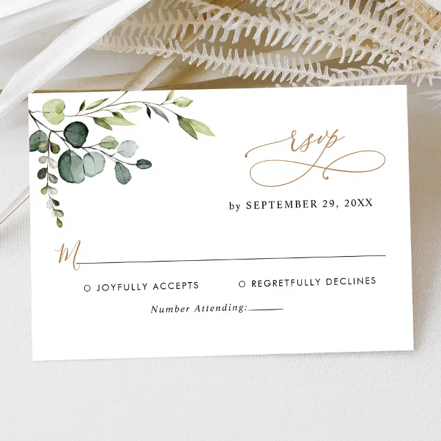 Elegant Eucalyptus Leaves Greenery Gold Wedding RSVP Card | Zazzle