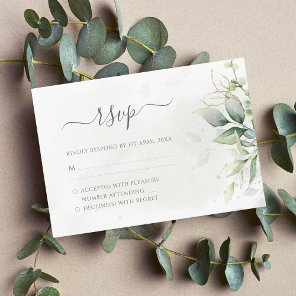 Elegant Eucalyptus Leaves Greenery Gold Wedding RSVP Card