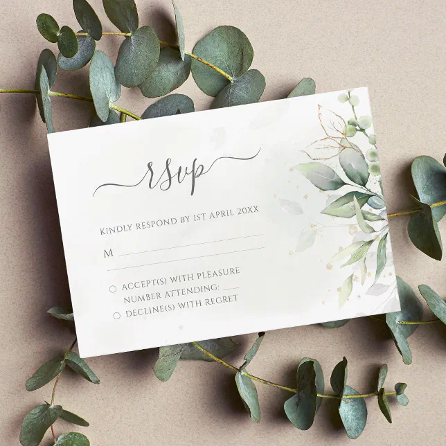 Elegant Eucalyptus Leaves Greenery Gold Wedding RSVP Card | Zazzle
