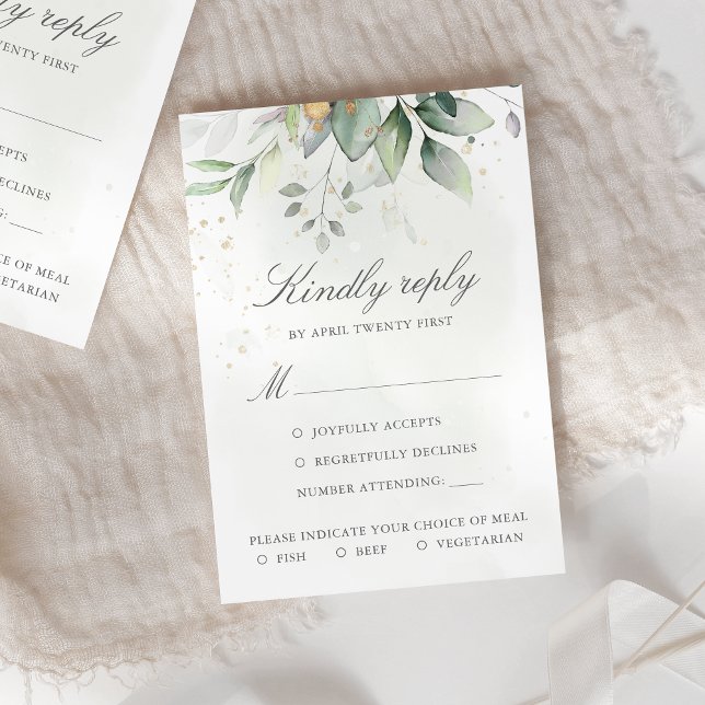 Elegant Eucalyptus Leaves Greenery Gold Wedding RSVP Card (Creator Uploaded)