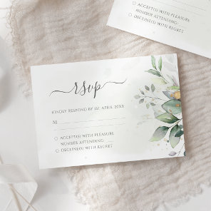 Elegant Eucalyptus Leaves Greenery Gold Wedding RSVP Card