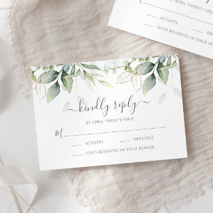 Elegant Eucalyptus Leaves Greenery Gold Wedding RSVP Card