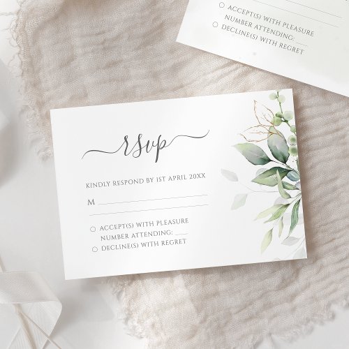 Elegant Eucalyptus Leaves Greenery Gold Wedding RSVP Card