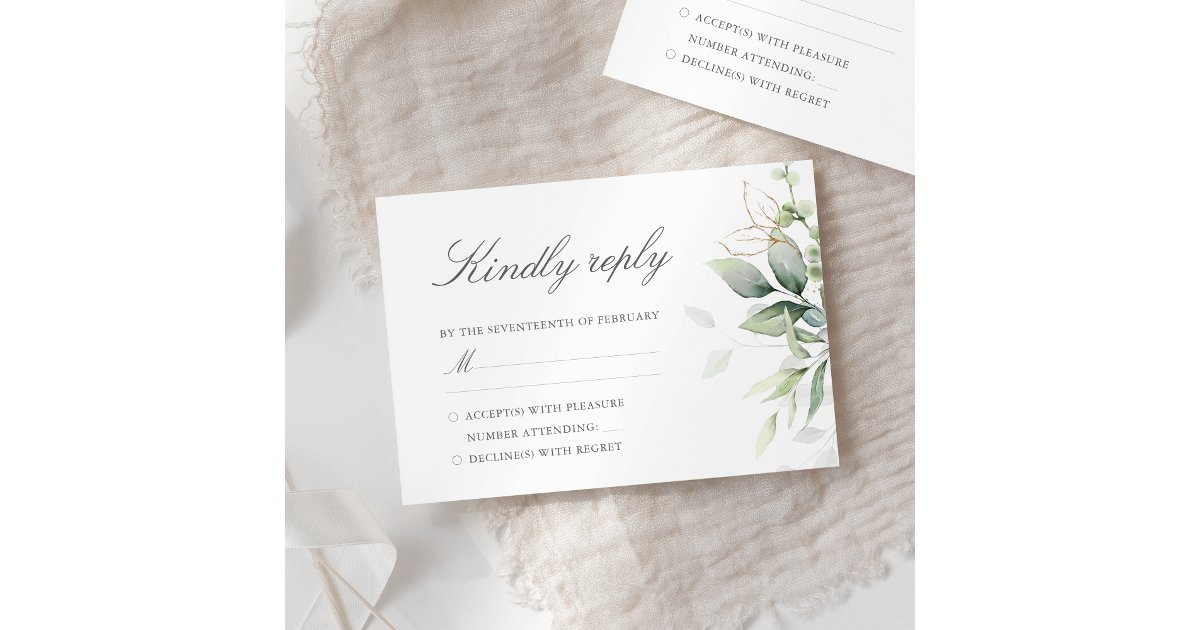 Elegant Eucalyptus Leaves Greenery Gold Wedding RSVP Card | Zazzle