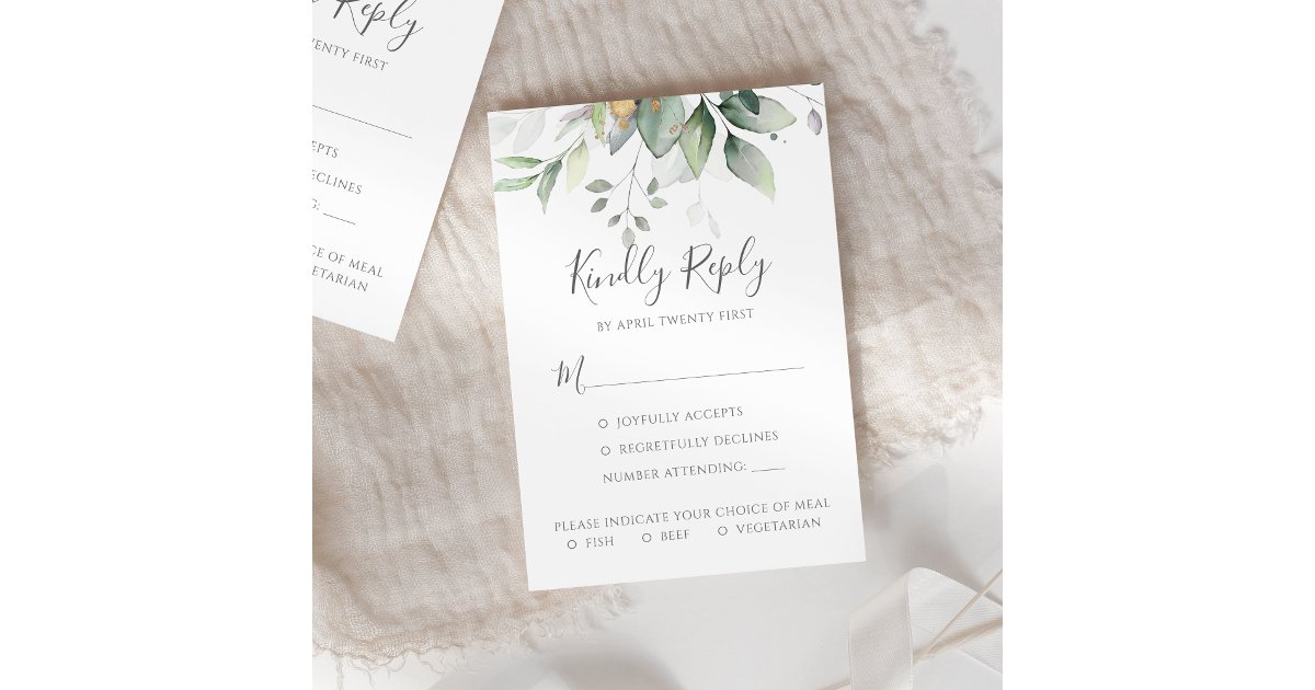 Elegant Eucalyptus Leaves Greenery Gold Wedding RSVP Card | Zazzle