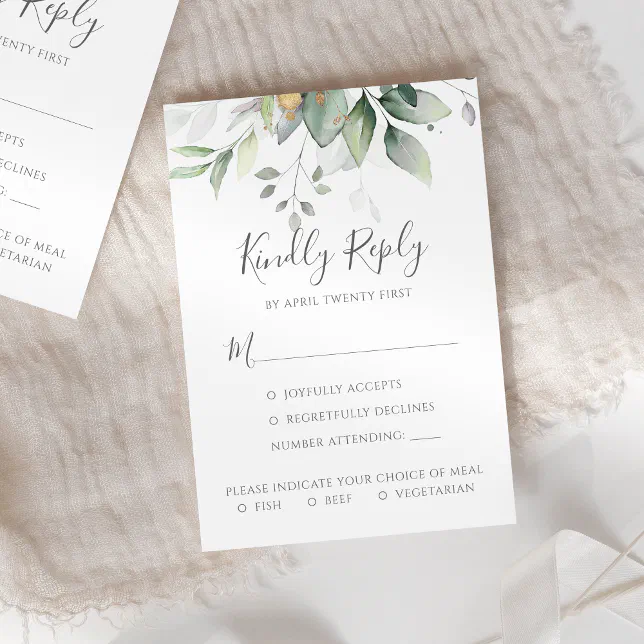 Elegant Eucalyptus Leaves Greenery Gold Wedding RSVP Card | Zazzle