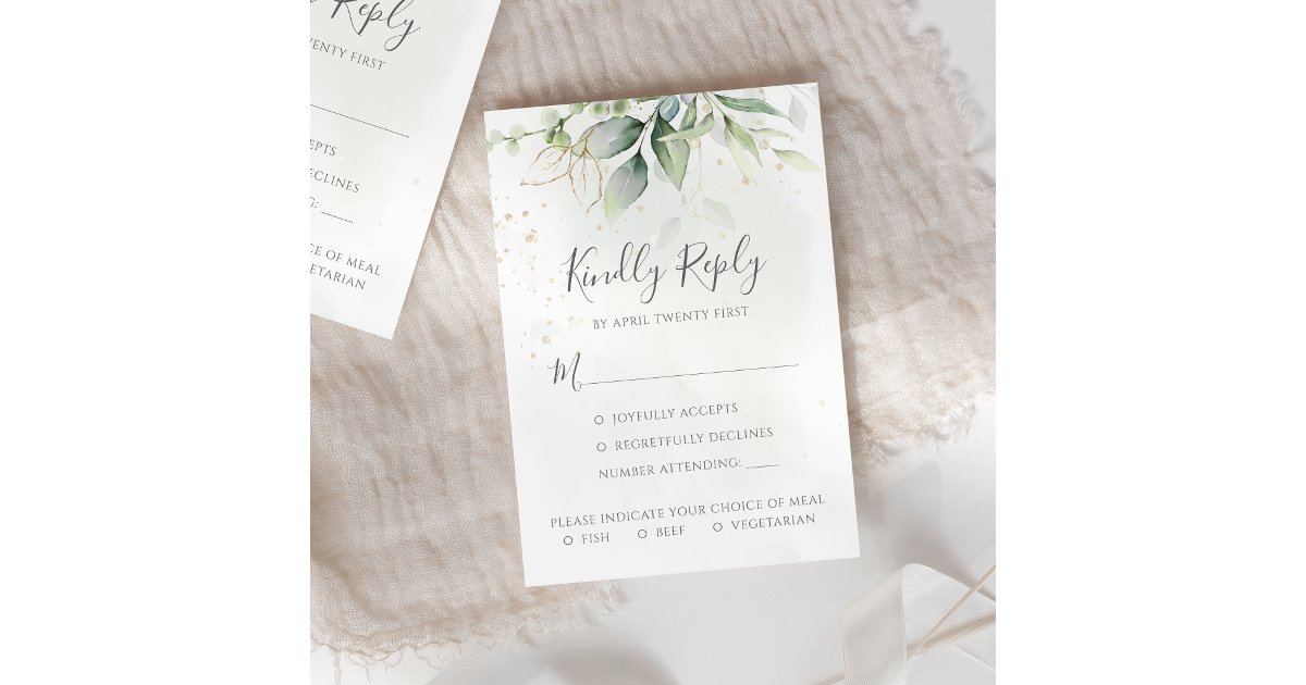 Elegant Eucalyptus Leaves Greenery Gold Wedding RSVP Card | Zazzle