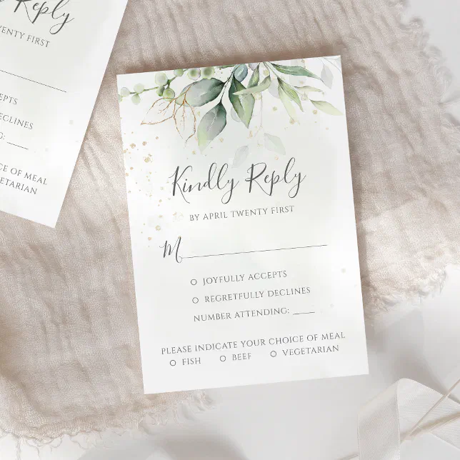 Elegant Eucalyptus Leaves Greenery Gold Wedding RSVP Card | Zazzle