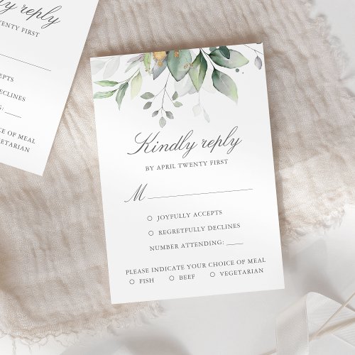 Elegant Eucalyptus Leaves Greenery Gold Wedding RSVP Card