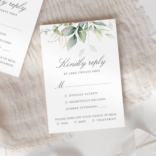 Elegant Eucalyptus Leaves Greenery Gold Wedding RSVP Card