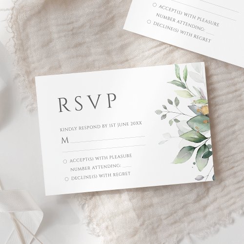 Elegant Eucalyptus Leaves Greenery Gold Wedding RSVP Card