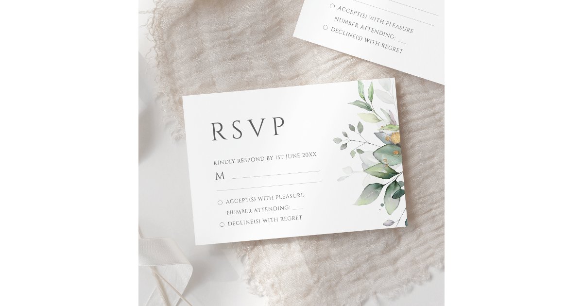 Elegant Eucalyptus Leaves Greenery Gold Wedding RSVP Card | Zazzle