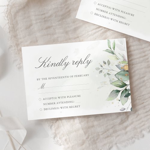 Elegant Eucalyptus Leaves Greenery Gold Wedding RSVP Card