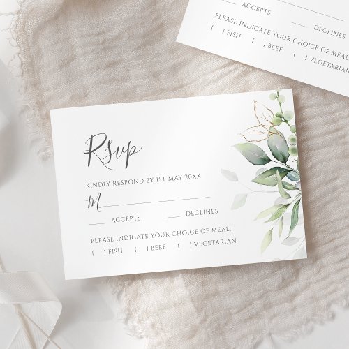 Elegant Eucalyptus Leaves Greenery Gold Wedding RSVP Card