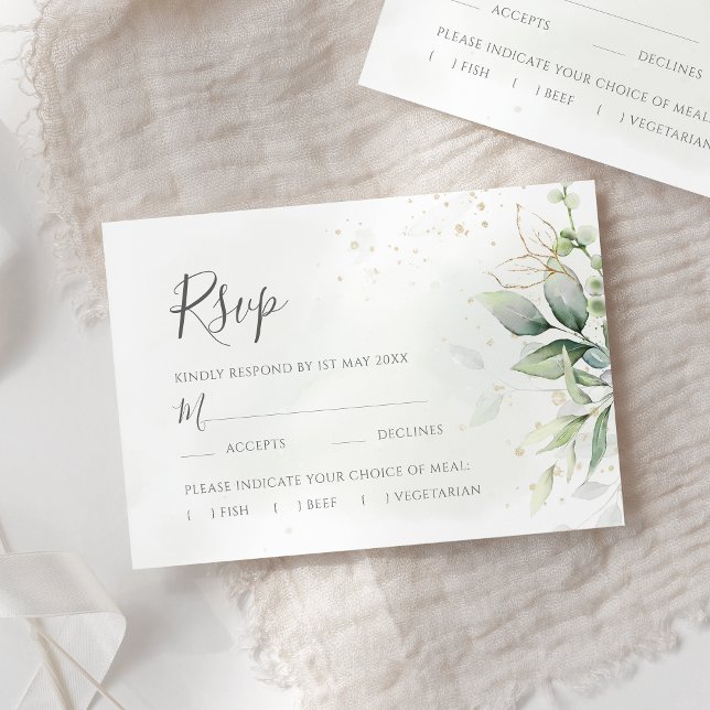 Elegant Eucalyptus Leaves Greenery Gold Wedding RSVP Card (Creator Uploaded)