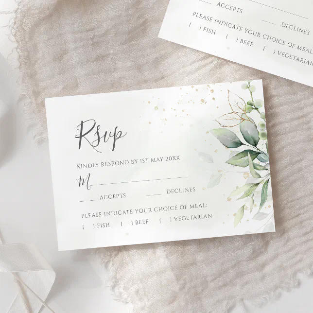 Elegant Eucalyptus Leaves Greenery Gold Wedding RSVP Card | Zazzle