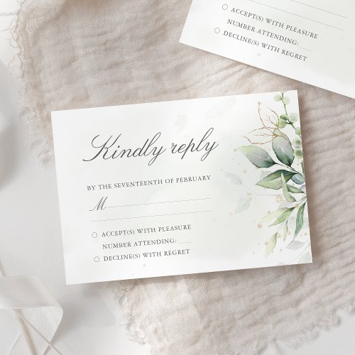 Elegant Eucalyptus Leaves Greenery Gold Wedding RSVP Card