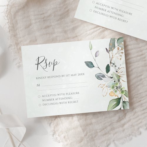 Elegant Eucalyptus Leaves Greenery Gold Wedding RSVP Card