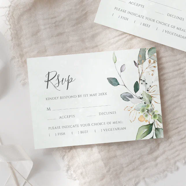 Elegant Eucalyptus Leaves Greenery Gold Wedding RSVP Card | Zazzle