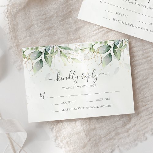 Elegant Eucalyptus Leaves Greenery Gold Wedding RSVP Card