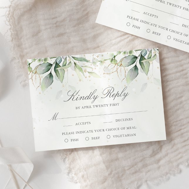 Elegant Eucalyptus Leaves Greenery Gold Wedding RSVP Card (Creator Uploaded)
