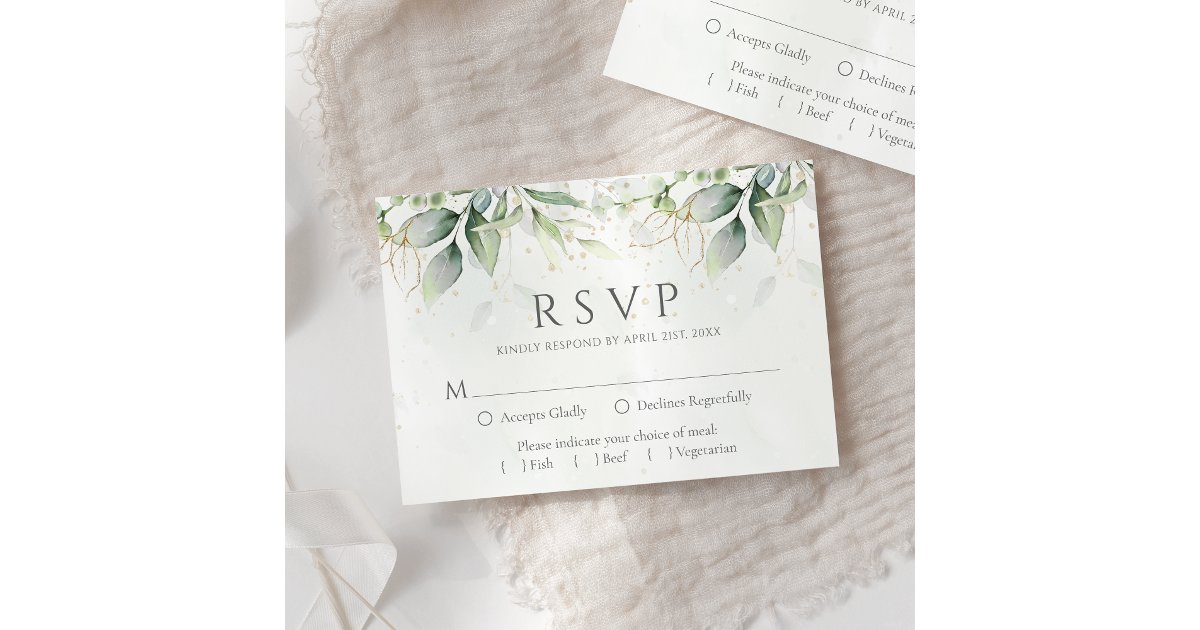 Elegant Eucalyptus Leaves Greenery Gold Wedding RSVP Card | Zazzle