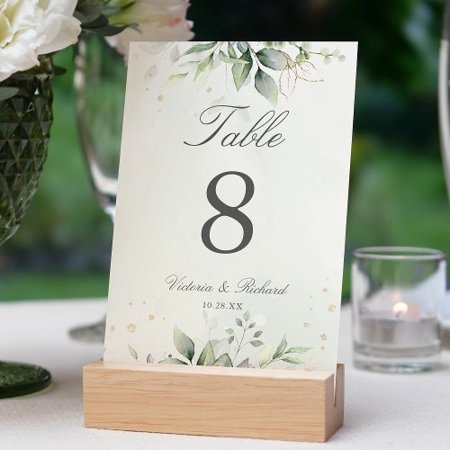 Elegant Eucalyptus Leaves Greenery Gold Wedding Table Number