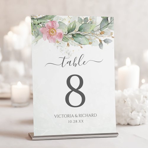 Elegant Eucalyptus Leaves Greenery Gold Wedding Table Number