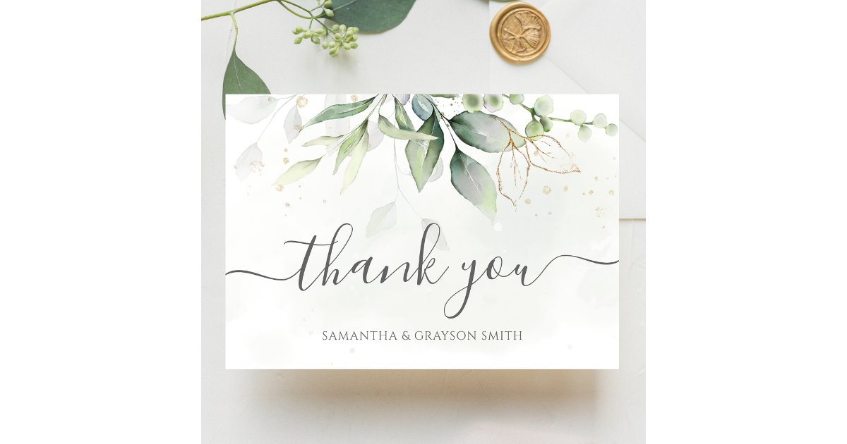 Elegant Eucalyptus Leaves Greenery Gold Wedding Thank You Card | Zazzle