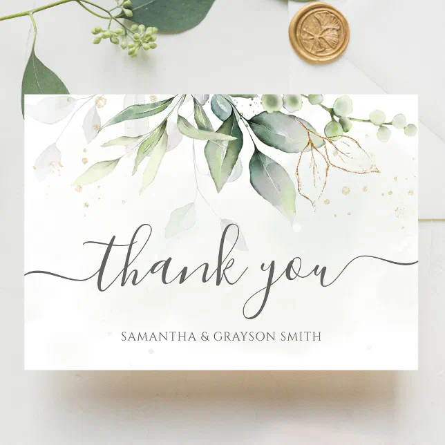 Elegant Eucalyptus Leaves Greenery Gold Wedding Thank You Card | Zazzle