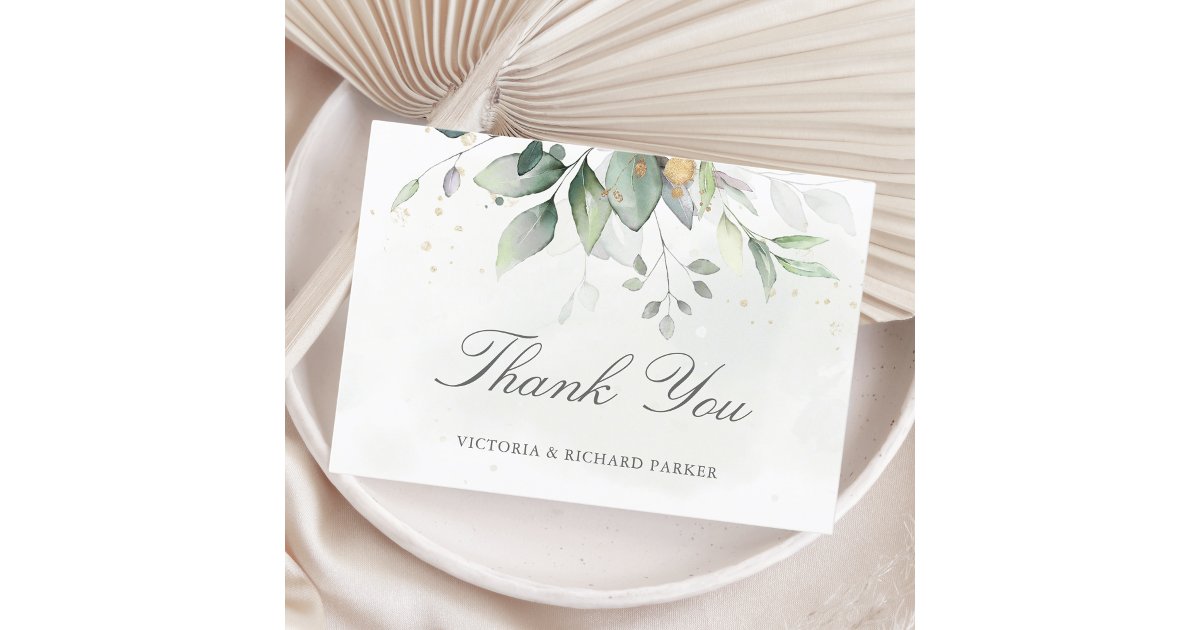 Elegant Eucalyptus Leaves Greenery Gold Wedding Thank You Card | Zazzle