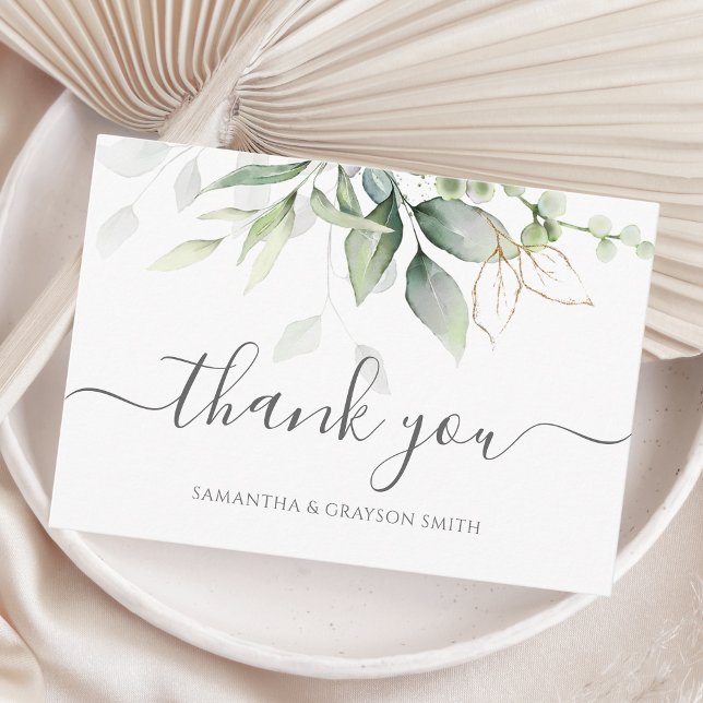 Elegant Eucalyptus Leaves Greenery Gold Wedding Thank You Card (Creator Uploaded)