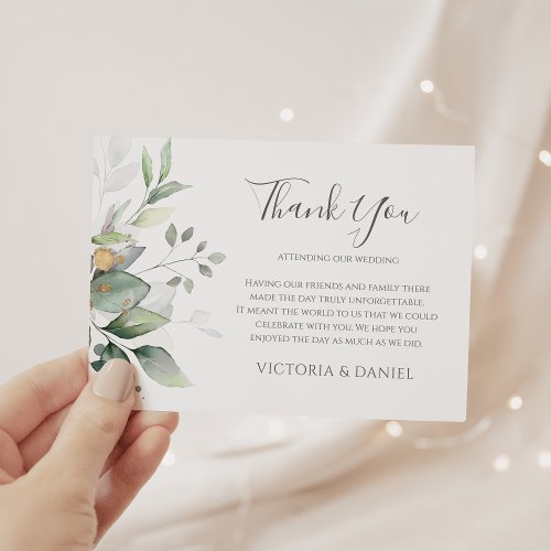 Elegant Eucalyptus Leaves Greenery Gold Wedding Thank You Card